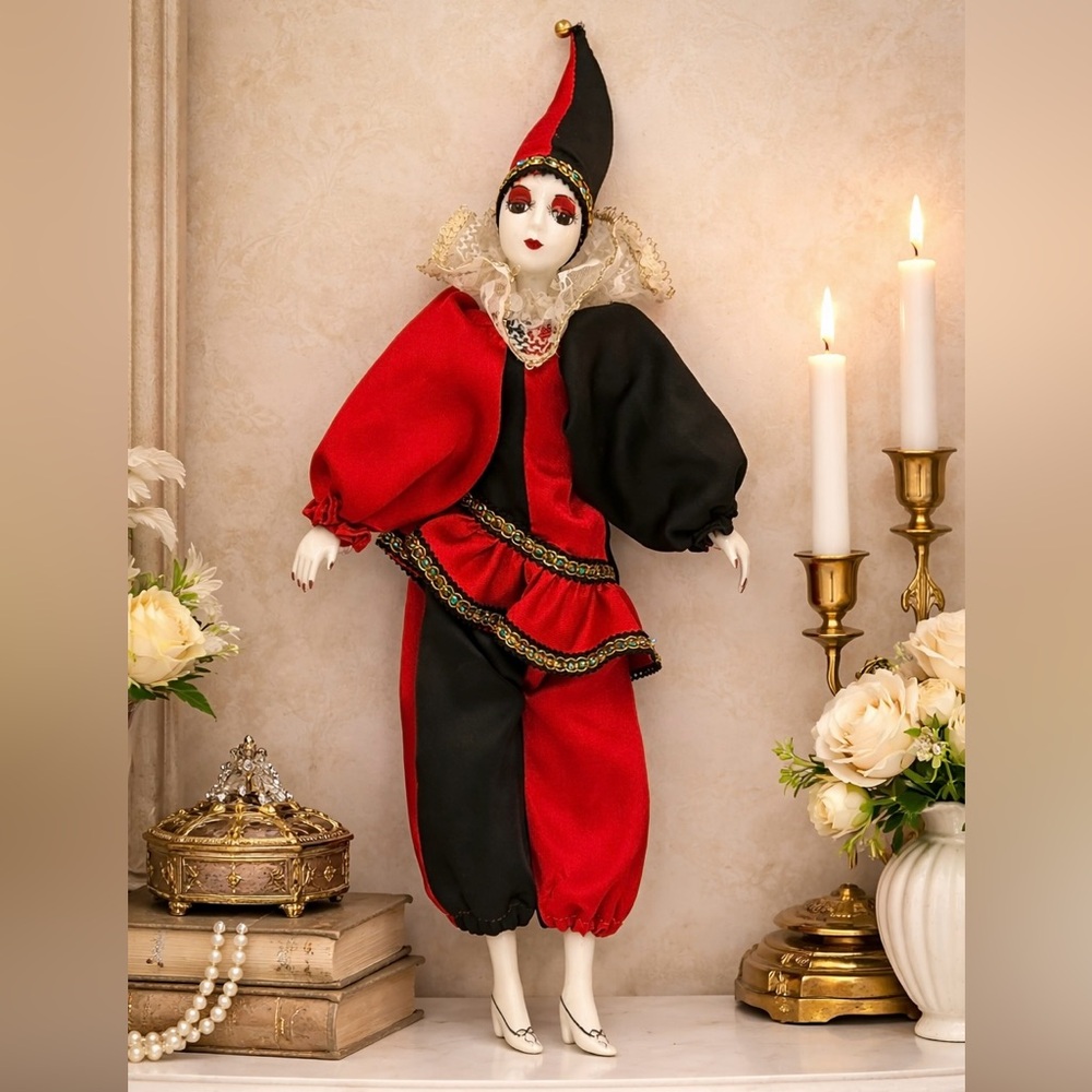 16” Harlequin Jester Porcelain Doll Red Black Costume Commedia Decor Collectible